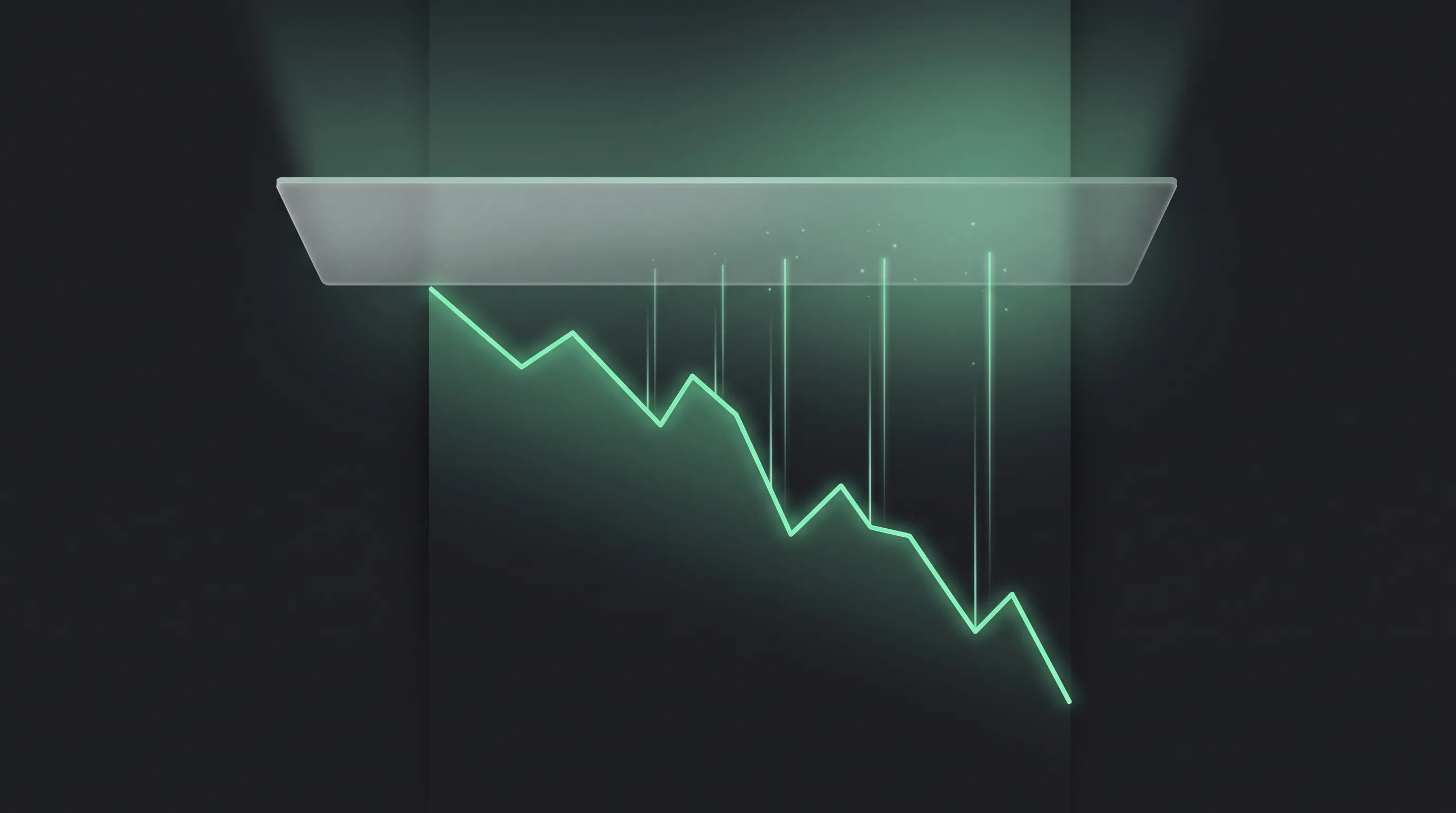 Gráfica descendente de tráfico web sobre fondo oscuro con un bloque de respuesta de IA en verde esmeralda ocupando la parte superior de los resultados de búsqueda