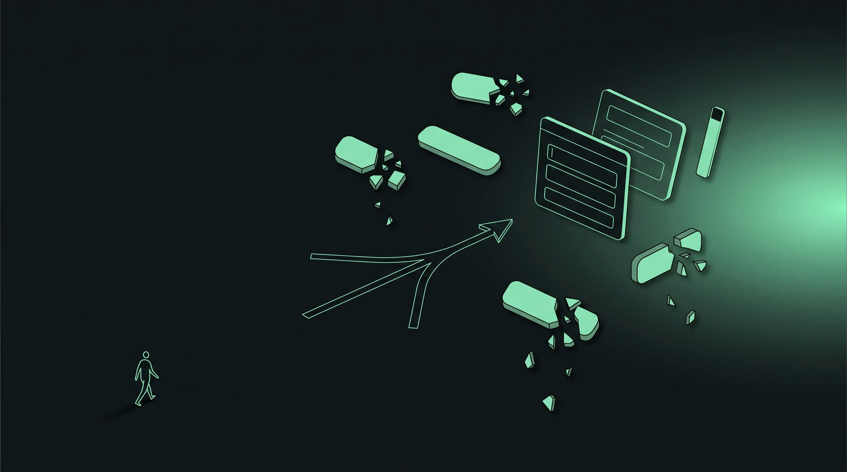 Ilustración editorial con elementos de interfaz web fragmentados —botones que se rompen, formularios y un cursor frente a tres caminos divergentes— sobre fondo casi negro con un acento verde menta y una silueta humana minimalista alejándose en la esquina inferior izquierda