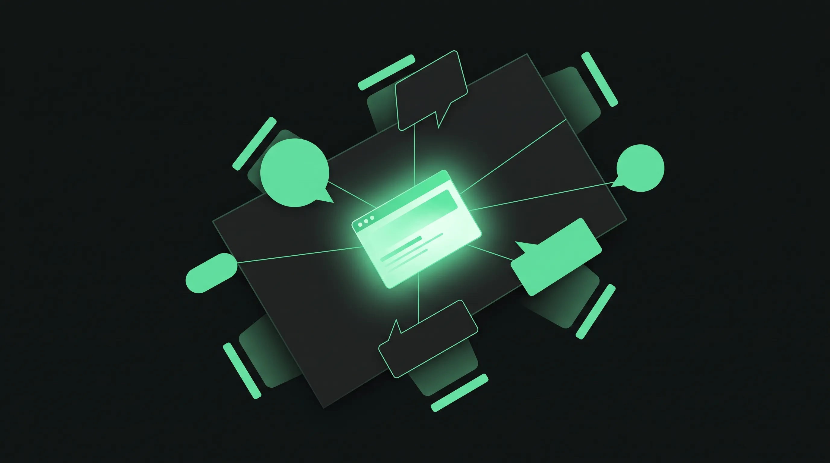 Mesa de reunión abstracta sobre fondo oscuro con varias burbujas de conversación geométricas conectadas por líneas verde esmeralda a una web central, representando la estrategia de búsqueda IA de un cliente