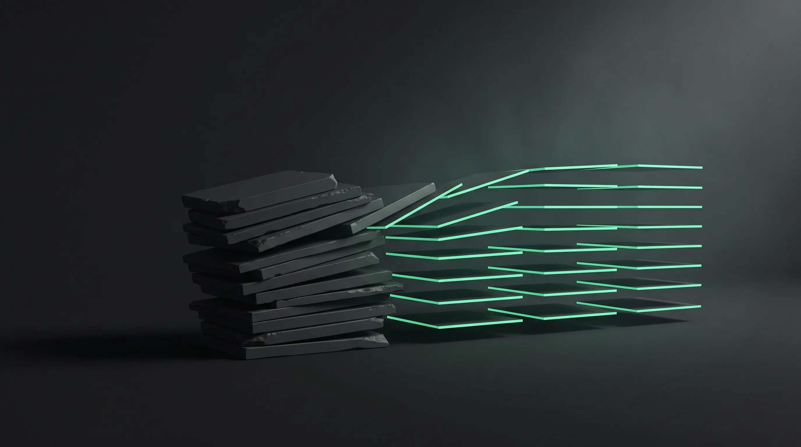 Ilustración editorial de bloques apilados que se reordenan en una estructura limpia y luminosa sobre fondo oscuro con acento verde, representando la migración de un WordPress cargado a un sitio estático