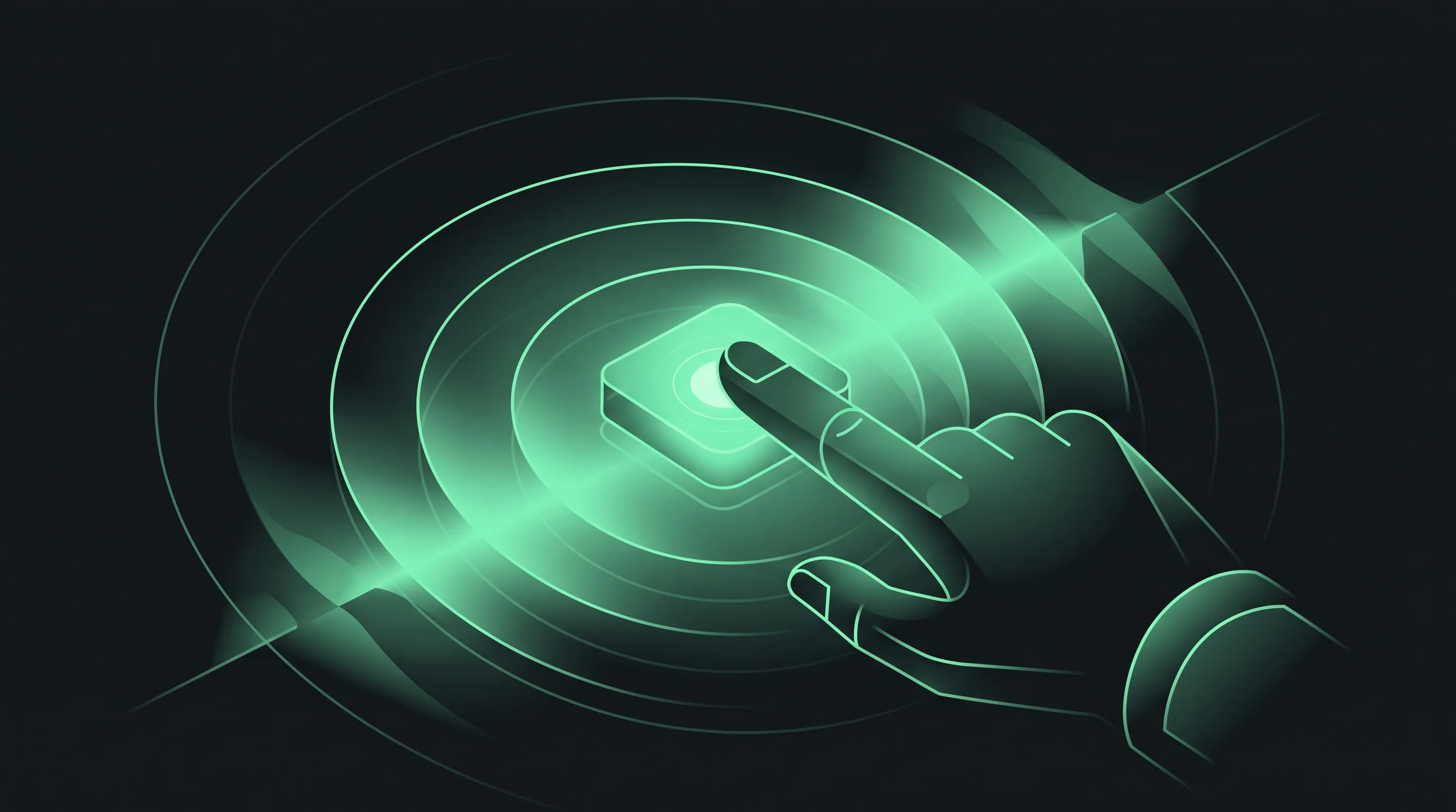 Un dedo abstracto pulsando un botón geométrico que emite un pulso de luz verde menta en ondas concéntricas sobre fondo oscuro, representando la latencia de interacción que mide el INP