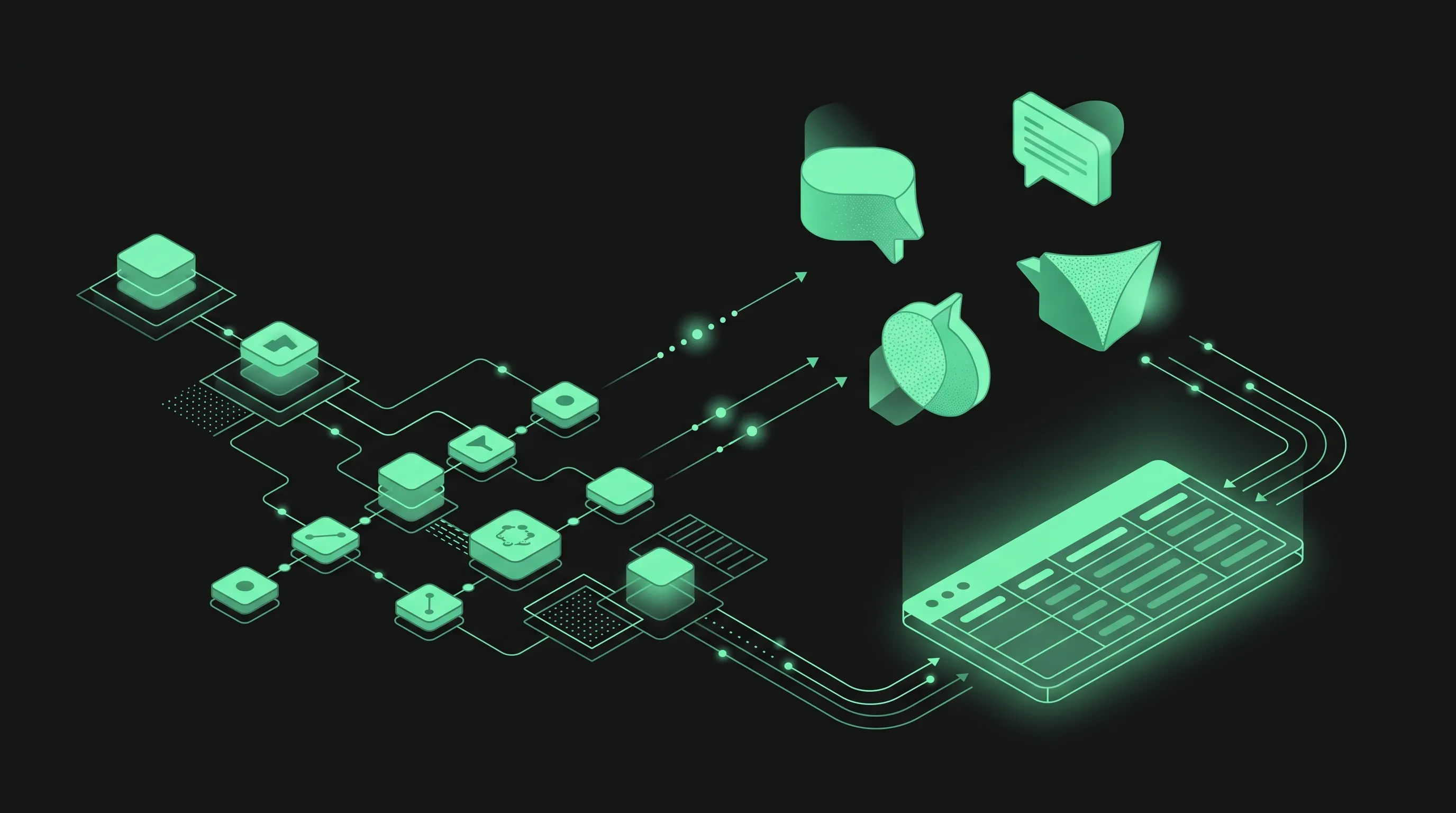 Red de nodos conectados en verde esmeralda sobre fondo oscuro que lanza preguntas a varias burbujas de respuesta de IA y recoge los resultados en una tabla luminosa, representando el seguimiento automático de visibilidad en IA